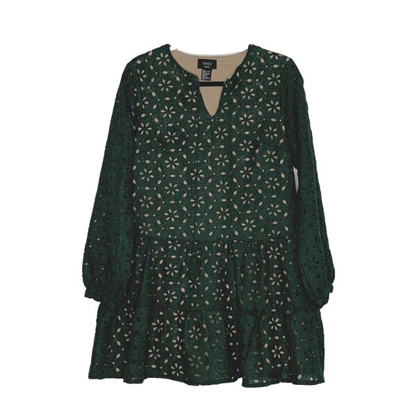 Vici Women's Tiered Ruffle Eyelet Long Sleeve Boho Mini Dress Size S Green EUC - Picture 1 of 11